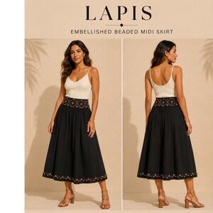 Lapis Black Cotton Beaded Sequin A-Line Skirt Boho Wood Bead‎ Hem Size L 750